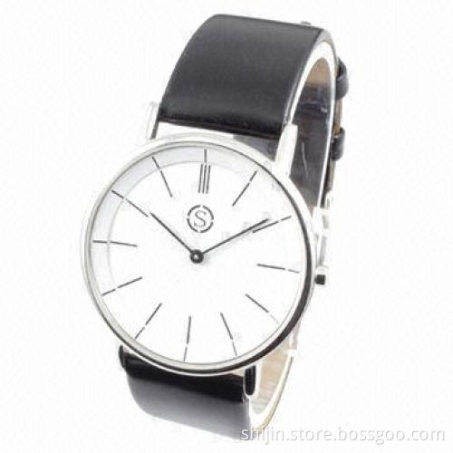 Ultra-thin stainless steel watch with genuine leather band, for men